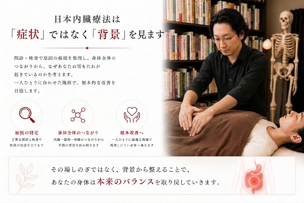 日本内臓療法は症状ではなく背景を見ることを説明したイメージ